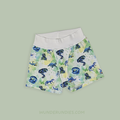 A pair of sensory friendly kids' boxer briefs by WunderUndies, featuring a white elastic waistband and a colorful print of blue snakes and green lizards on a white background with watercolor-style splashes. The boxers are displayed flat against a solid sage green background.