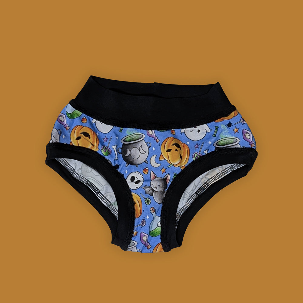Pair of halloween-patterned underwear with black waistband for sensory sensitive kids