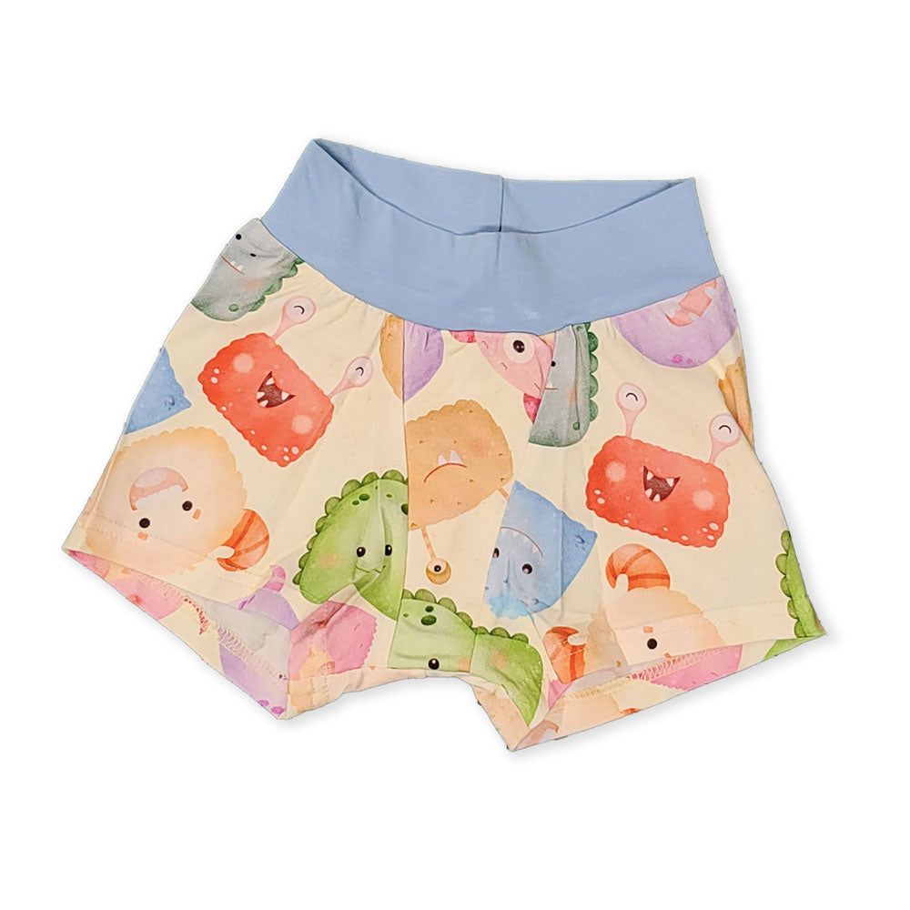 sensory friendly kids boxer underwear with a design with cute monsters on it