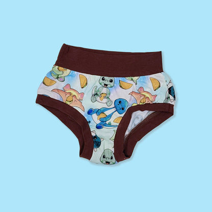 wunderundies briefs - sensory friendly boys underwear - sensory friendly girls underwear - with a design of dinosaurs eating tacos