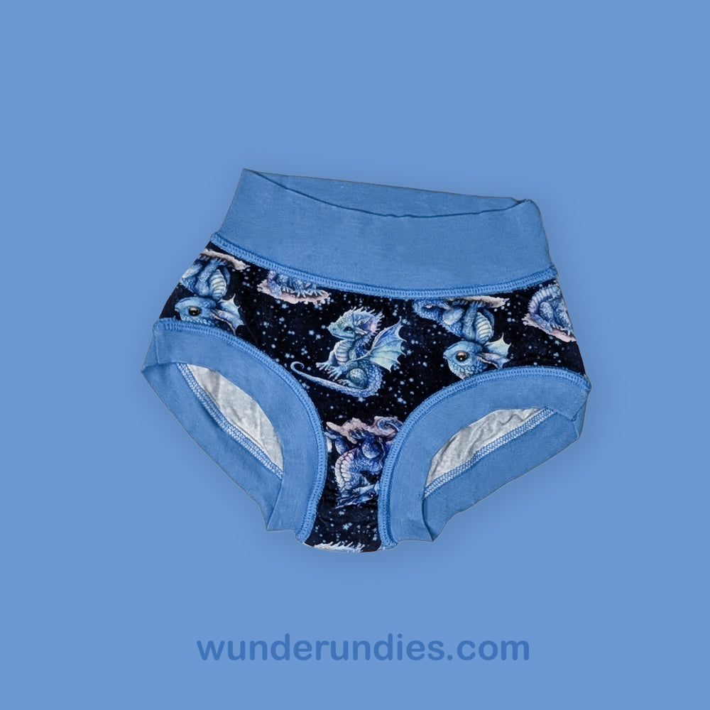 Blue children's underwear with fantasy dragon design on a blue background, featuring the brand 'wunderundies.com'.