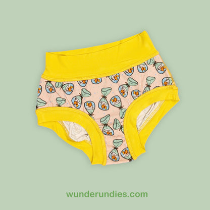 super soft, fun, flat seamed underwear featuring fish in baggies with yellow waistbands and leg bands