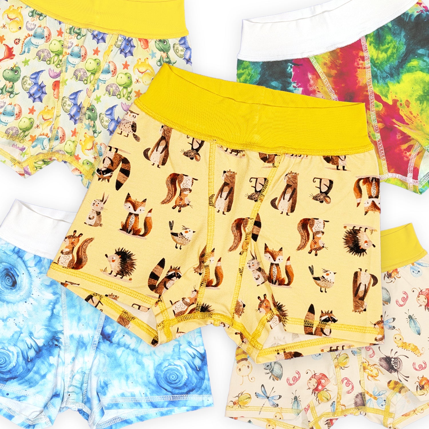 five pairs of flat seamed boxer underwear for sensory sensitive kids, with a yellow pair with woodland animals being featured in the center.