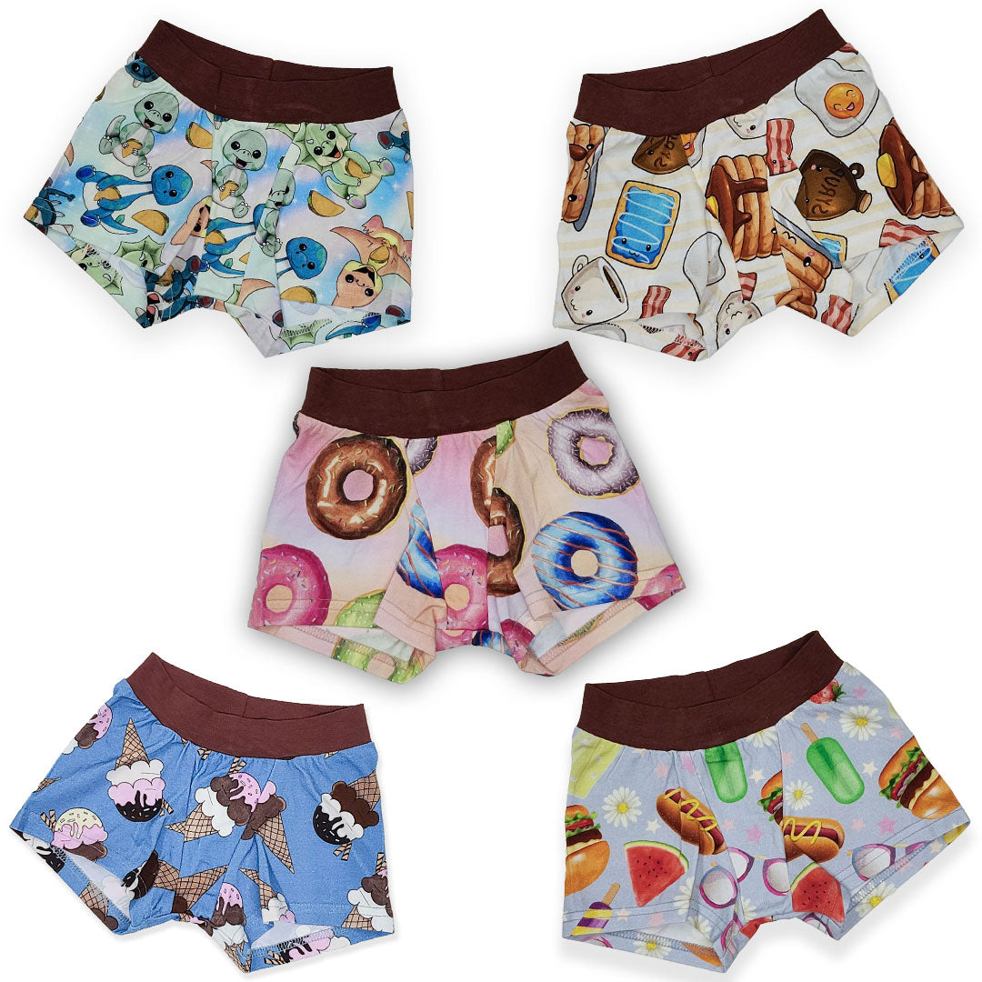 wunderundies boxers - gender neutral boxer underwear for kids - showing all 5 designs from the first season of wunderundies