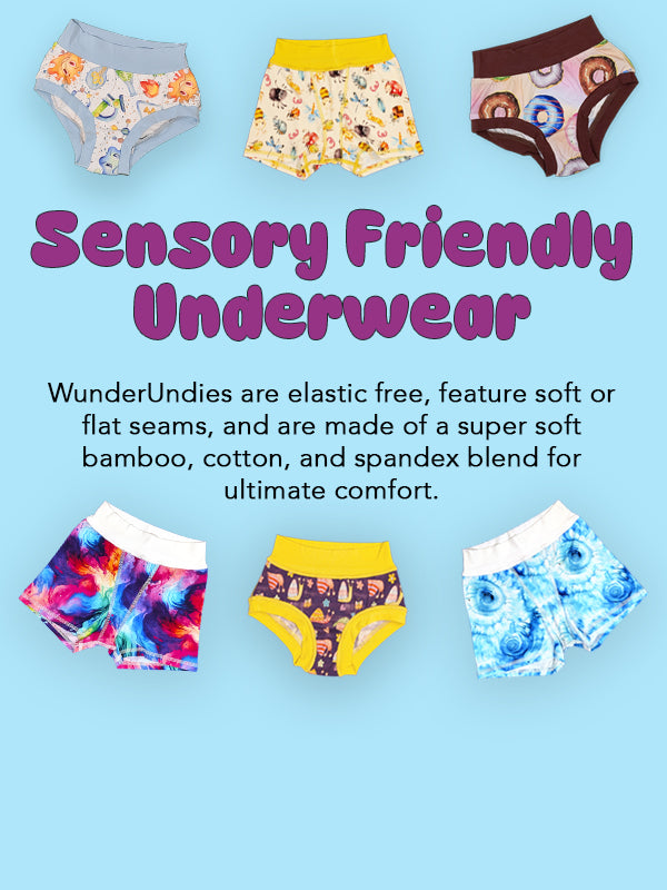 WunderUndies are elastic free, feature soft or flat seams, and are made of a super soft bamboo, cotton, and spandex blend for ultimate comfort.
