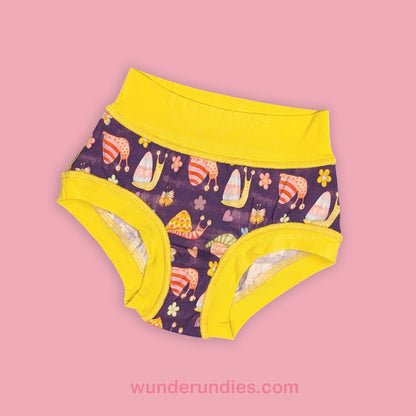 kids comfortable underwear featuring cute snails on a purple background