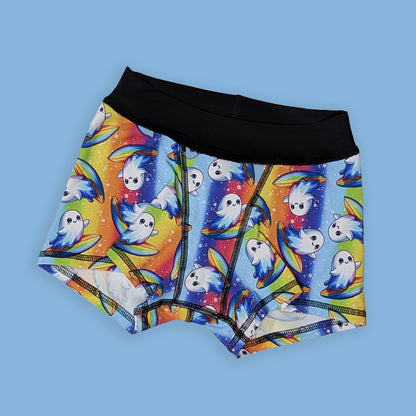 colorful, sensory friendly boxer shorts with surfing ghost print