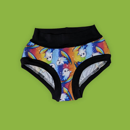 Colorful, sensory friendly, patterned underwear with a fun print of surfing ghosts for halloween